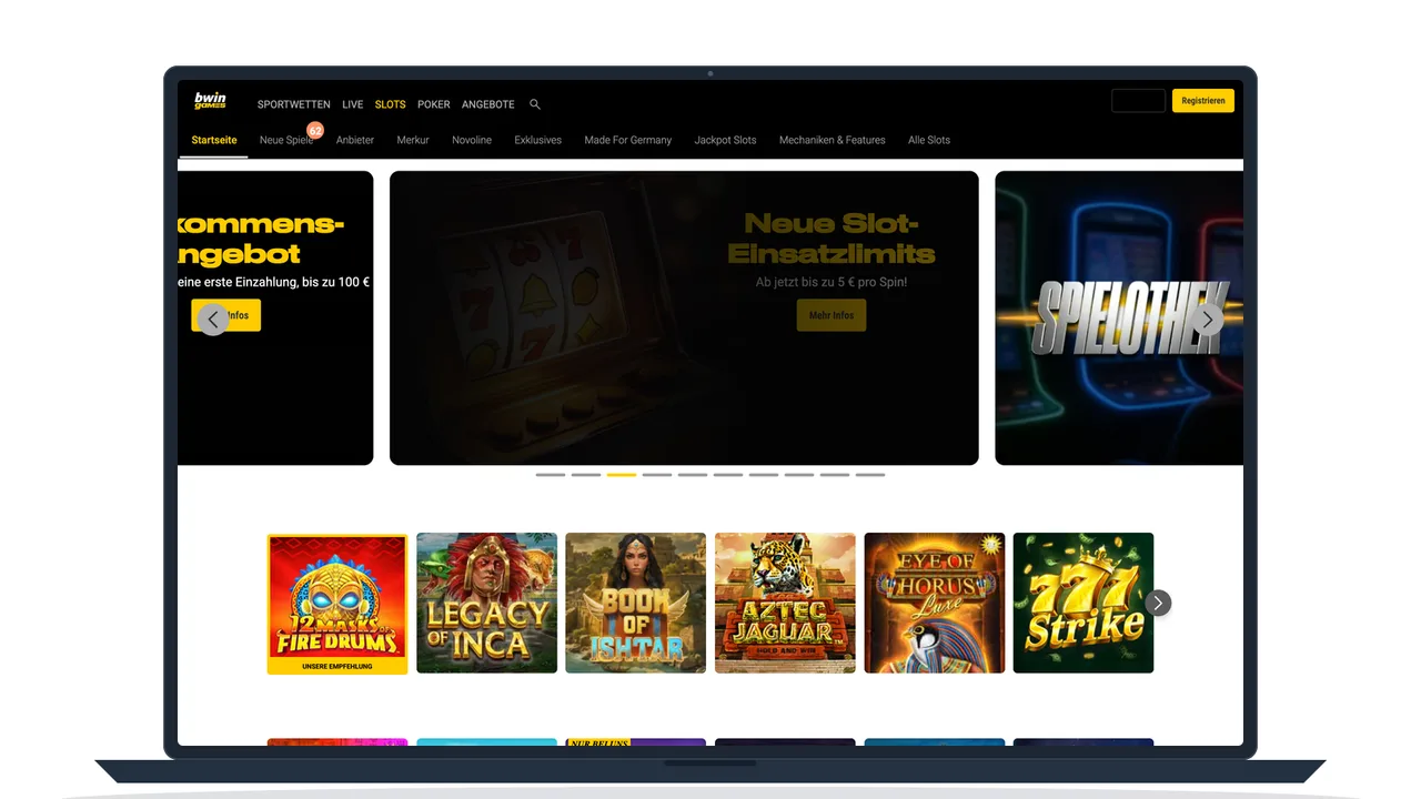 Casinobereich von bwin mit Slot-Kacheln und Turnierleiste
